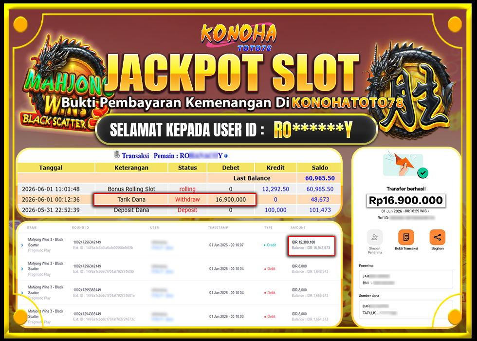 KONOHATOTO78 JACKPOT MAHJONG WINS 3 BLACK SCATTER Rp.Rp.16.900.000,- LUNAS